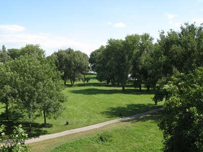 Blick von der Schiersteiner Brücke auf die Biebricher Rheinwiesen (August 2007)